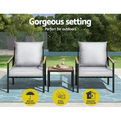 Gardeon 3PC Outdoor Furniture Bistro Set Lounge Setting Chairs Table Patio Black - ozily