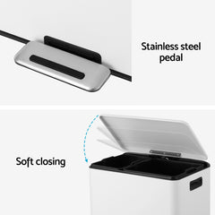 Cefito Pedal Bins Rubbish Bin Dual Compartment Waste Recycle Dustbins 40L White - ozily