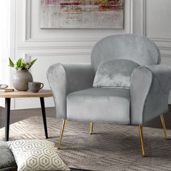Artiss Armchair Lounge Chair Accent Armchairs Chairs Sofa Grey Velvet Cushion - ozily