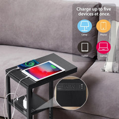 E-Shaped Sofa Side Table with Power Board, Black - ozily