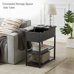 Compact 3-Tier Sofa Side Table with Powerboard, Black - ozily