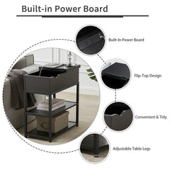 Compact 3-Tier Sofa Side Table with Powerboard, Black - ozily