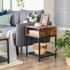 Side Table with Open Compartment and Mesh Shelf Rustic Brown and Black - ozily