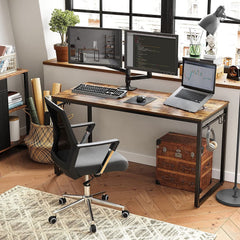 Home Office Desk with 8 Hooks 140 x 60 x 75 cm Rustic Brown and Black - ozily