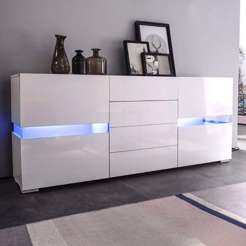 Buffet Sideboard Cabinet High Gloss RGB LED Storage Cupboard with 2 Doors & 4 Drawers White - ozily