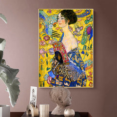 80cmx120cm Lady With A fan By Klimt Gold Frame Canvas Wall Art - ozily