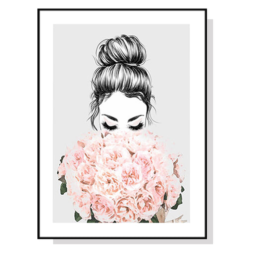 60cmx90cm Roses Girl Black Frame Canvas Wall Art - ozily