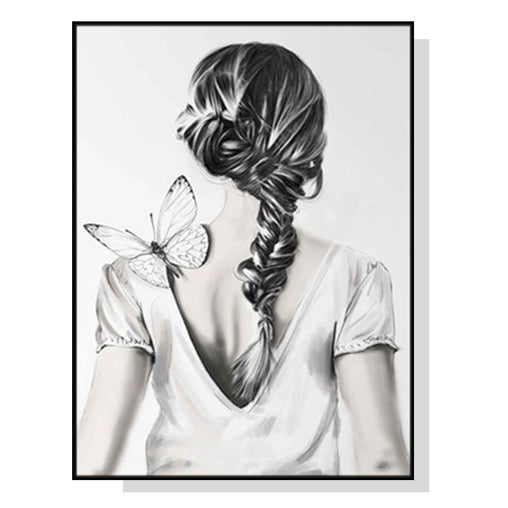 50cmx70cm Woman Back With Butterfly Black Frame Canvas Wall Art - ozily