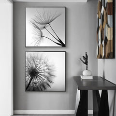 60cmx60cm Black and white dandelion 2 Sets Black Frame Canvas Wall Art - ozily