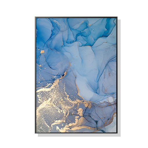 50cmx70cm Light Blue Marble With Gold Splash Black Frame Canvas Wall Art - ozily