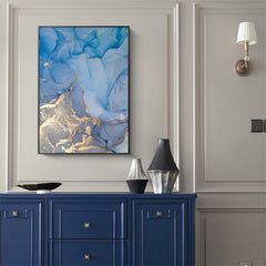 60cmx90cm Light Blue Marble With Gold Splash Black Frame Canvas Wall Art - ozily