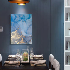70cmx100cm Light Blue Marble With Gold Splash Black Frame Canvas Wall Art - ozily