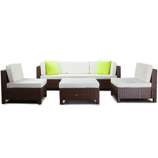 LONDON RATTAN 6pc Outdoor Furniture Setting Wicker Lounge Sofa Set Ottoman Brown - ozily
