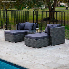 LONDON RATTAN 4 Seater Modular Outdoor Lounge Setting with Coffee Table, Ottomans, Grey - ozily