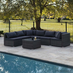 LONDON RATTAN 7 Piece 6 Seater Modular Outdoor Lounge Setting with Coffee Table, Grey - ozily