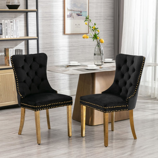 AADEN 2x Velvet Dining Chairs with Golden Metal Legs-Black - ozily