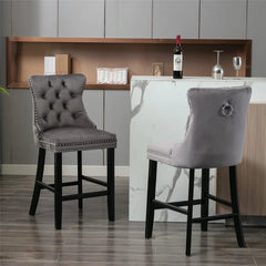 2X Velvet Bar Stools with Studs Trim Wooden Legs Tufted Dining Chairs Kitchen - ozily