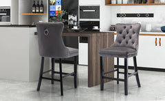 2X Velvet Bar Stools with Studs Trim Wooden Legs Tufted Dining Chairs Kitchen - ozily