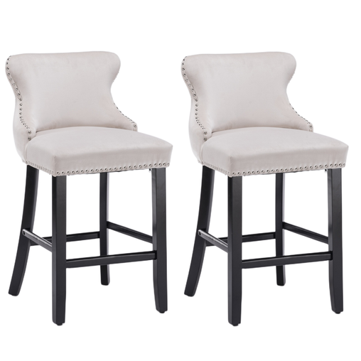 2x Velvet Upholstered Button Tufted Bar Stools with Wood Legs and Studs-Beige - ozily