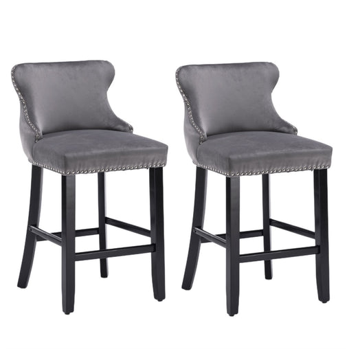 2x Velvet Upholstered Button Tufted Bar Stools with Wood Legs and Studs-Grey - ozily