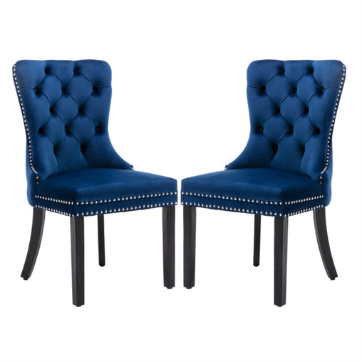2x Velvet Dining Chairs Upholstered Tufted Kithcen Chair with Solid Wood Legs Stud Trim and Ring-Blue - ozily