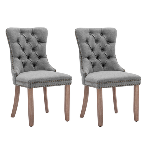 AADEN Modern Elegant Button-Tufted Upholstered Linen Fabric with Studs Trim and Wooden legs Dining Side Chair-Gray - ozily