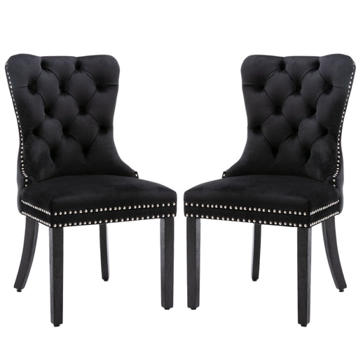 2x Velvet Dining Chairs Upholstered Tufted Kithcen Chair with Solid Wood Legs Stud Trim and Ring-Black - ozily