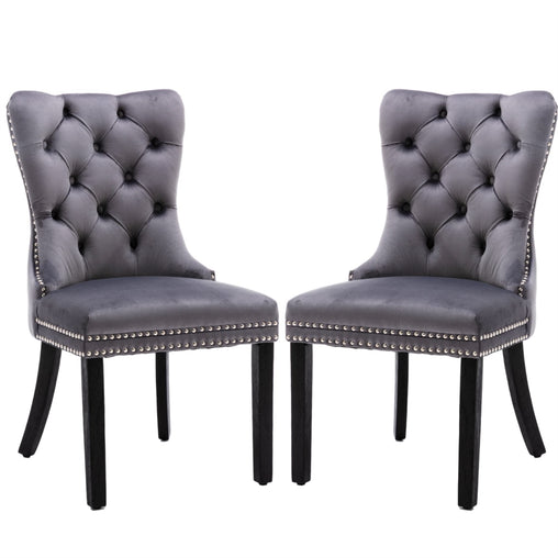 2x Velvet Dining Chairs Upholstered Tufted Kithcen Chair with Solid Wood Legs Stud Trim and Ring-Gray - ozily
