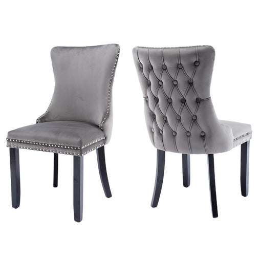 2x Velvet Upholstered Dining Chairs Tufted Wingback Side Chair with Studs Trim Solid Wood Legs for Kitchen - ozily