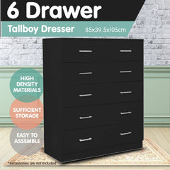 Sarantino Tallboy Dresser 6 Chest Of Drawers Table Cabinet Bedroom Storage Black - ozily