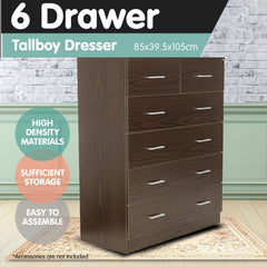 Sarantino Tallboy Dresser 6 Chest Of Drawers Cabinet 85 X 39.5 X 105 - Brown - ozily