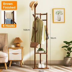 Bamboo Clothes Coat Rack Garment Stand Shelf Tree Hanger Bag Hat Hook Holder Dark Brown - ozily