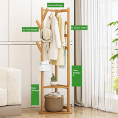 Bamboo Clothes Coat Rack Garment Stand Shelf Tree Hanger Bag Hat Hook Holder Natural - ozily