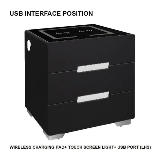 Smart Bedside Tables Side 3 Drawers Wireless Charging USB Left Hand Nightstand LED Light AU Black - ozily