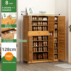 8 Tier Bamboo Large Capacity Storage Shelf Shoe Rack Cabinet 6 Doors 1 Drawer - ozily