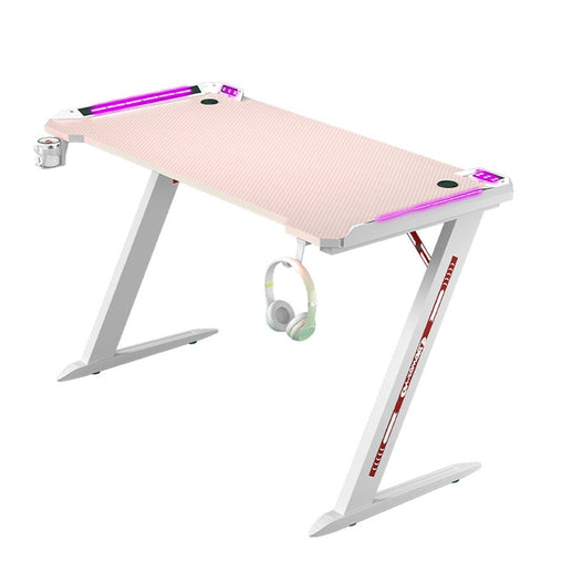 120cm RGB Gaming Desk Home Office Carbon Fiber Led Lights Game Racer Computer PC Table Z-Shaped Pink - ozily