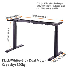 120cm Standing Desk Height Adjustable Sit White Stand Motorised Dual Motors Frame Black Top - ozily