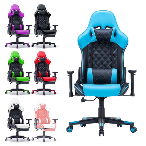 Gaming Chair Ergonomic Racing chair 165° Reclining Gaming Seat 3D Armrest Footrest Black Blue - ozily