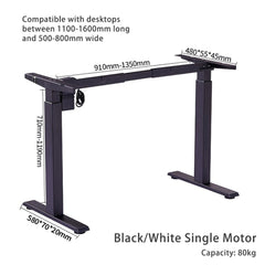 160cm Standing Desk Height Adjustable Sit Stand Motorised Black Single Motor Frame White Top - ozily