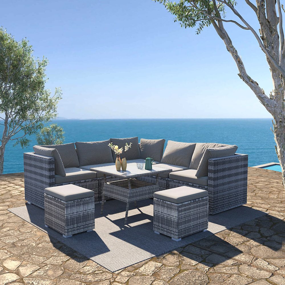 8PC Outdoor Dining Set Wicker Table &amp; Chairs-Grey - ozily