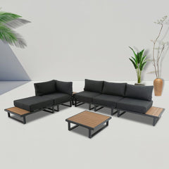 Modern Outdoor 7 Piece Lounge Set with Slatted Polywood Design Tables - ozily