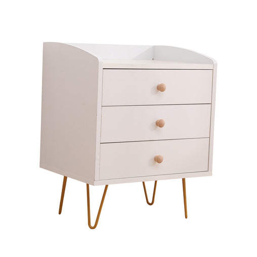 Winston 3 &#8211; Drawer Nightstand Bedside Table with Gold Steel Legs Tray Top White - ozily