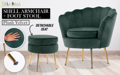 La Bella Shell Scallop Green Armchair Accent Chair Velvet + Round Ottoman Footstool - ozily