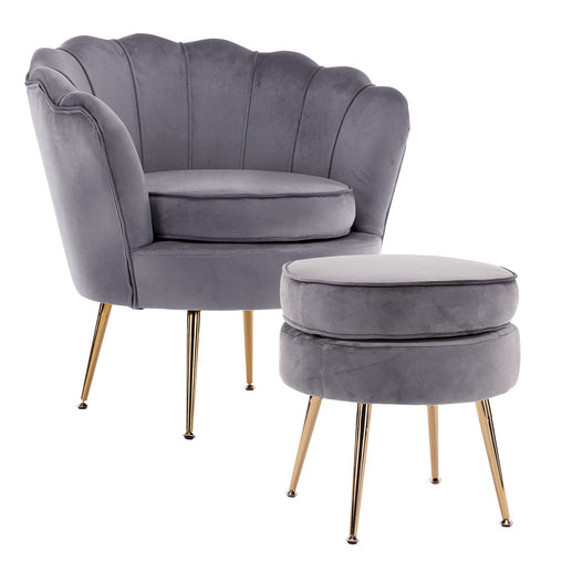 La Bella Shell Scallop Grey Armchair Accent Chair Velvet + Round Ottoman Footstool - ozily