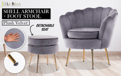 La Bella Shell Scallop Grey Armchair Accent Chair Velvet + Round Ottoman Footstool - ozily