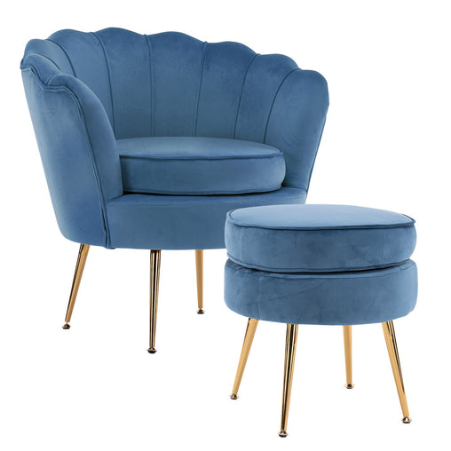 La Bella Shell Scallop Navy Blue Armchair Accent Chair Velvet + Round Ottoman Footstool - ozily