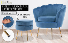 La Bella Shell Scallop Navy Blue Armchair Accent Chair Velvet + Round Ottoman Footstool - ozily