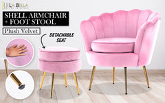 La Bella Shell Scallop Pink Armchair Accent Chair Velvet + Round Ottoman Footstool - ozily