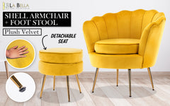 La Bella Shell Scallop Yellow Armchair Accent Chair Velvet + Round Ottoman Footstool - ozily