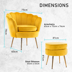 La Bella Shell Scallop Yellow Armchair Accent Chair Velvet + Round Ottoman Footstool - ozily